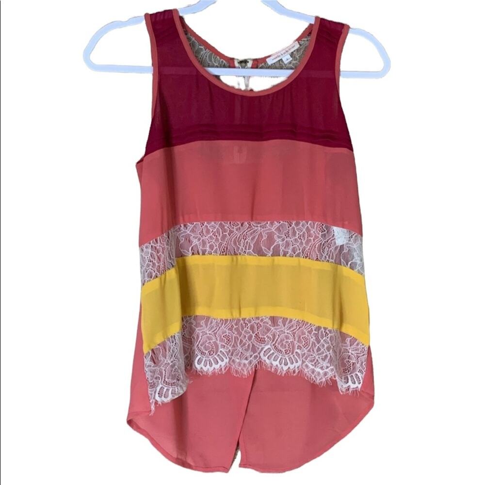 Margo & Sebastian Pink Yellow Split Back Tank Top Sheer Lace Size Small
